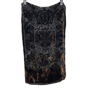 Long‎ Semi Sheer Scarf with Velour Floral Print Black Gold 66" Long